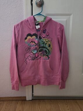 Hide & Seek Womens Junior 7-9  Pink Peace Graphic Zip-Up Hoodie